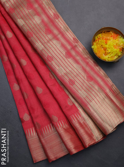 Semi raw silk saree pink with thread & zari woven buttas and temple design zari woven border