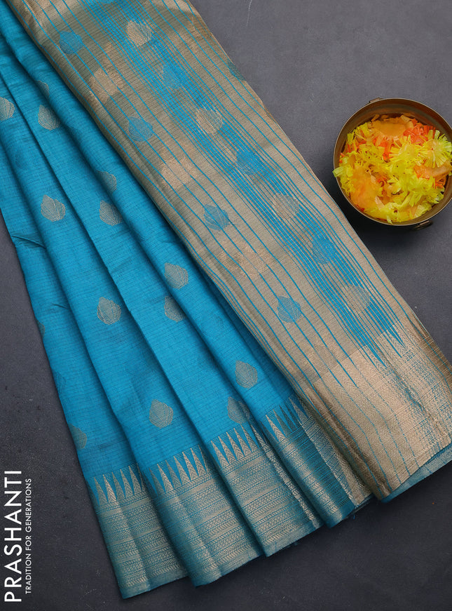 Semi raw silk saree teal blue with thread & zari woven buttas and temple design zari woven border