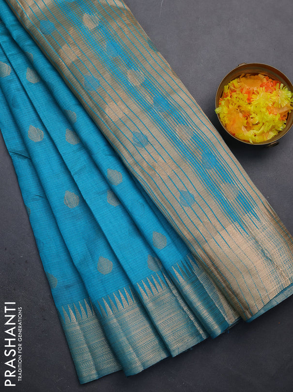 Semi raw silk saree teal blue with thread & zari woven buttas and temple design zari woven border