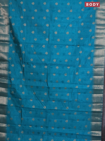 Semi raw silk saree teal blue with thread & zari woven buttas and temple design zari woven border