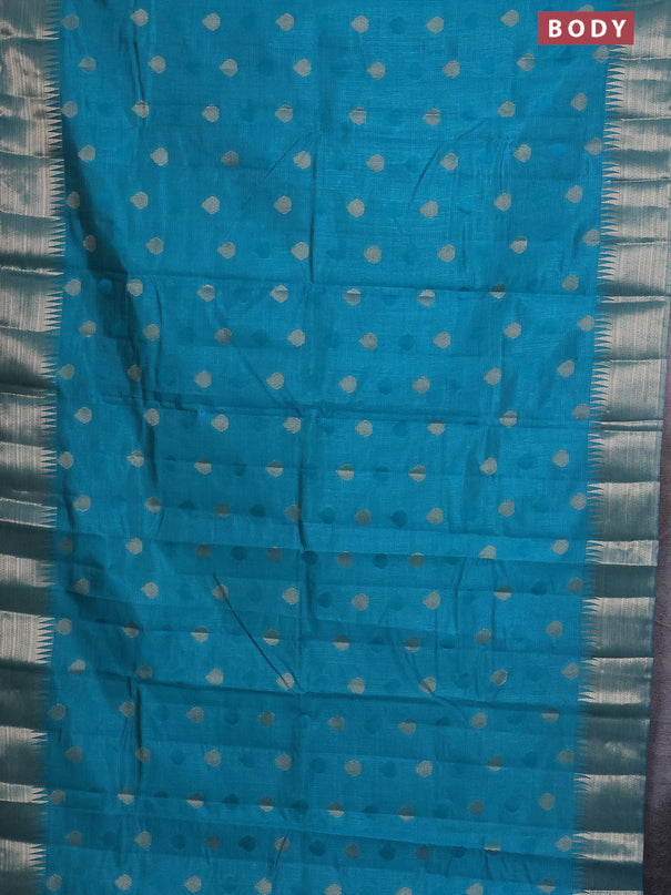 Semi raw silk saree teal blue with thread & zari woven buttas and temple design zari woven border