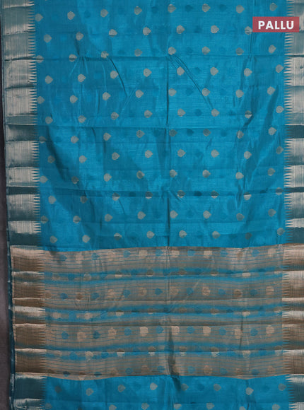 Semi raw silk saree teal blue with thread & zari woven buttas and temple design zari woven border