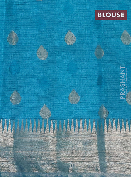 Semi raw silk saree teal blue with thread & zari woven buttas and temple design zari woven border