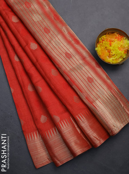 Semi raw silk saree red with thread & zari woven buttas and temple design zari woven border