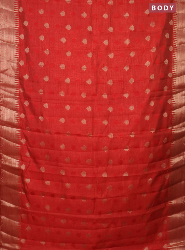 Semi raw silk saree red with thread & zari woven buttas and temple design zari woven border