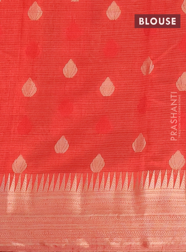 Semi raw silk saree red with thread & zari woven buttas and temple design zari woven border