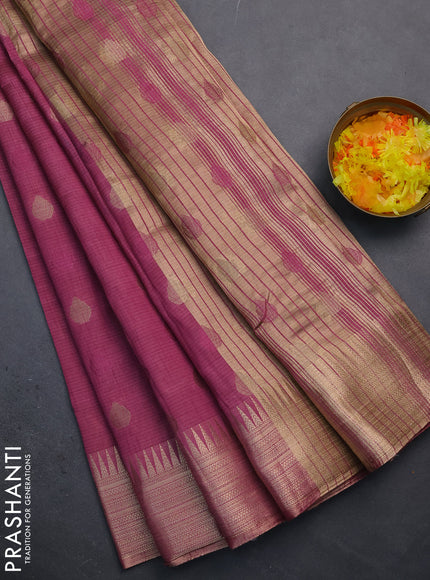Semi raw silk saree mauve pink with thread & zari woven buttas and temple design zari woven border