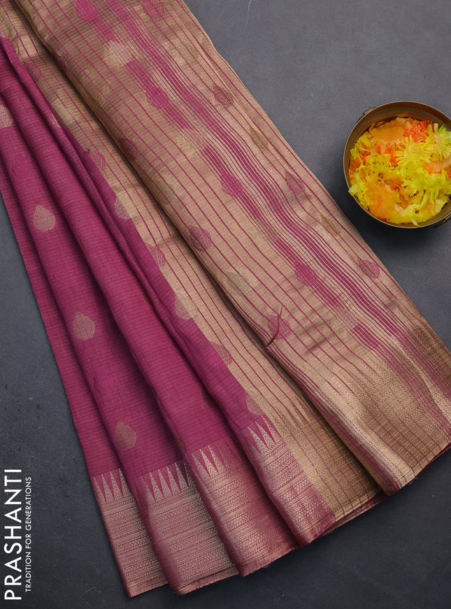 Semi raw silk saree mauve pink with thread & zari woven buttas and temple design zari woven border