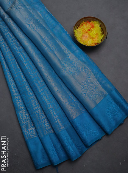 Semi raw silk saree cs blue with allover zari weaves and simple border