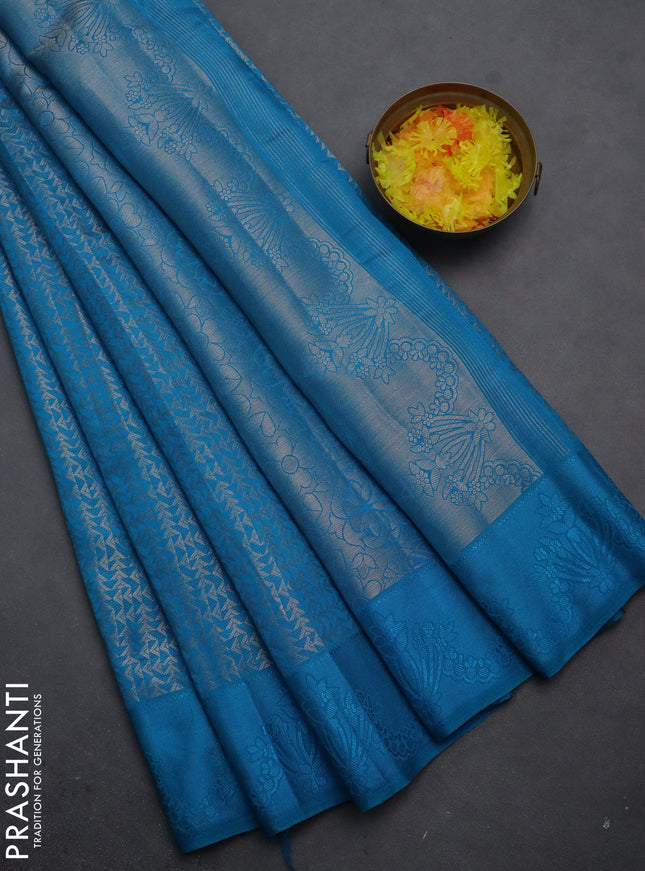 Semi raw silk saree cs blue with allover zari weaves and simple border