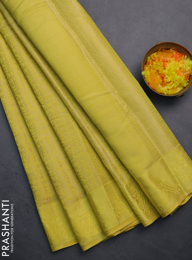 Semi raw silk saree lime yellow with allover zari weaves and simple border