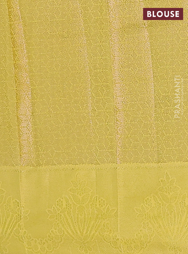 Semi raw silk saree lime yellow with allover zari weaves and simple border