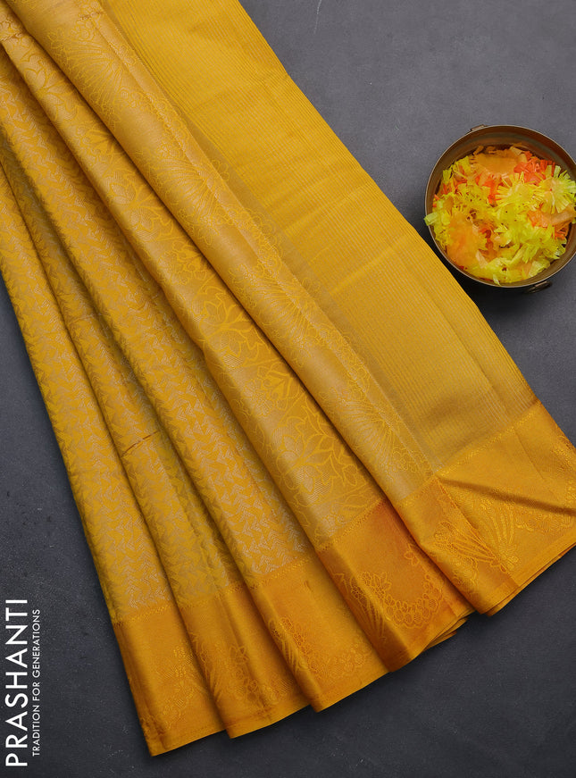 Semi raw silk saree mango yellow with allover zari weaves and simple border
