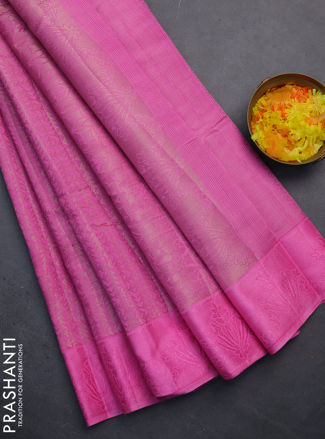 Semi raw silk saree pink with allover zari weaves and simple border