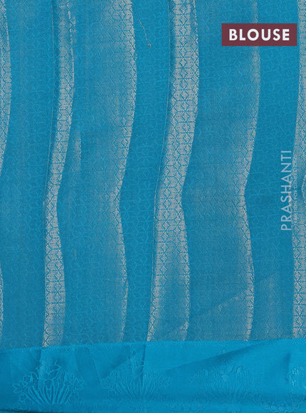 Semi raw silk saree teal blue with allover zari weaves and simple border