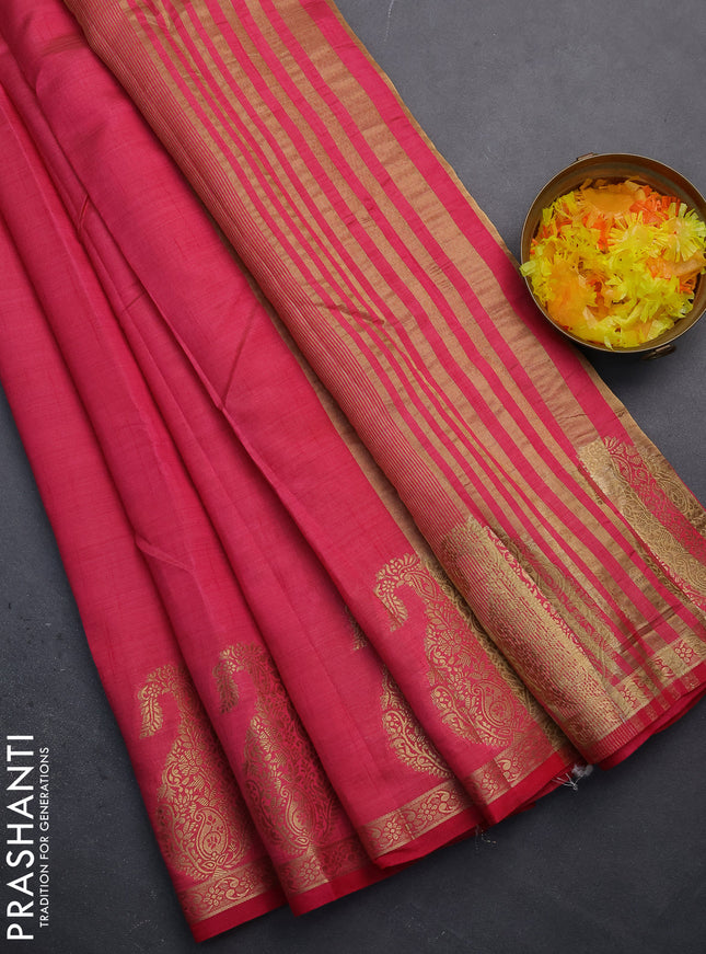 Semi raw silk saree pink with plain body and paisley design zari woven butta border