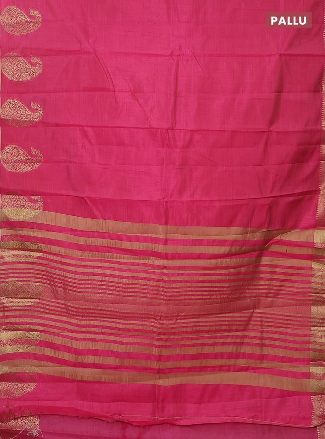 Semi raw silk saree pink with plain body and paisley design zari woven butta border