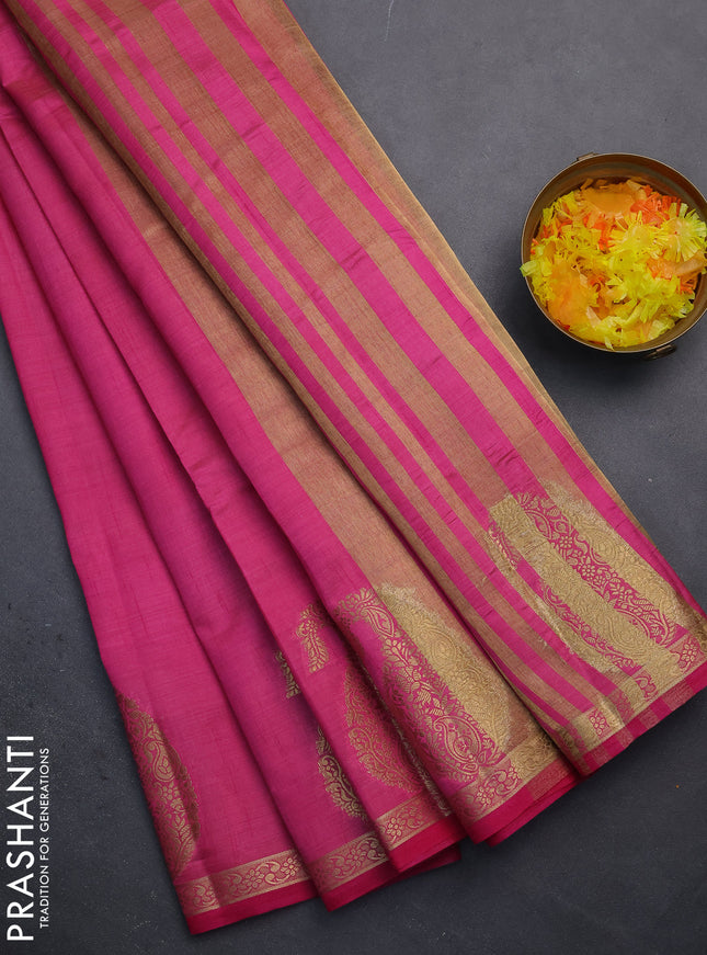 Semi raw silk saree pink with plain body and paisley design zari woven butta border