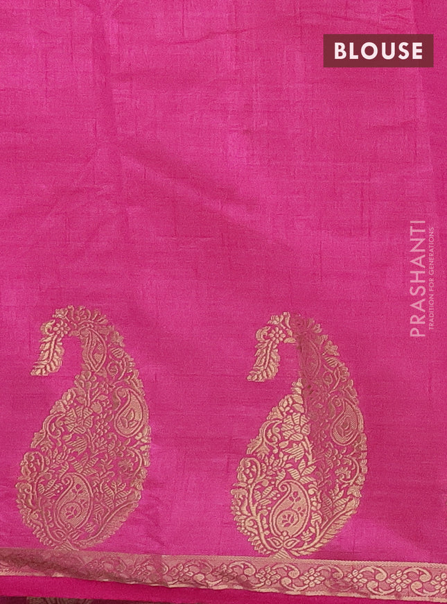 Semi raw silk saree pink with plain body and paisley design zari woven butta border