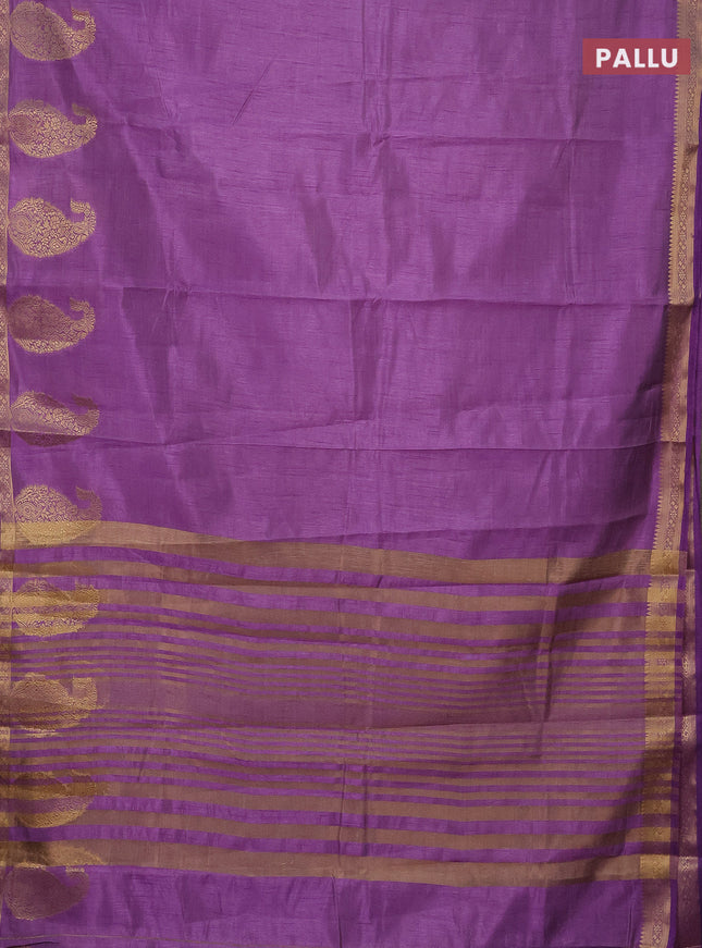 Semi raw silk saree lavender with plain body and paisley design zari woven butta border