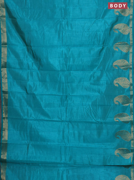 Semi raw silk saree teal shade with plain body and paisley design zari woven butta border
