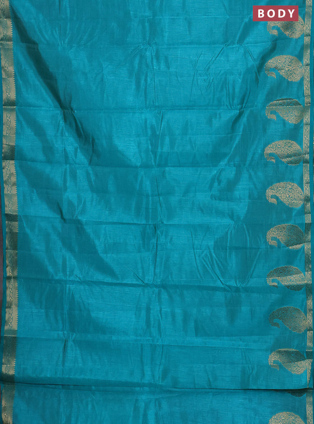 Semi raw silk saree teal shade with plain body and paisley design zari woven butta border