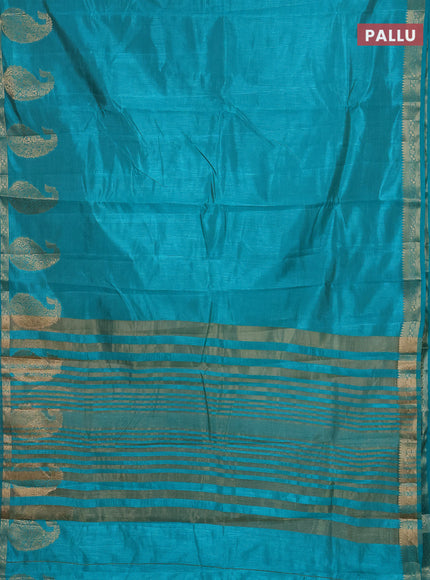 Semi raw silk saree teal shade with plain body and paisley design zari woven butta border