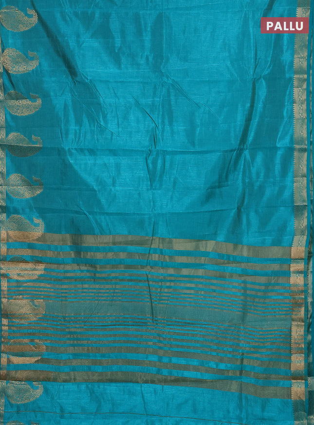 Semi raw silk saree teal shade with plain body and paisley design zari woven butta border