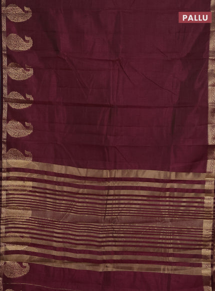 Semi raw silk saree wine shade with plain body and paisley design zari woven butta border