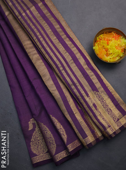Semi raw silk saree violet with plain body and paisley design zari woven butta border