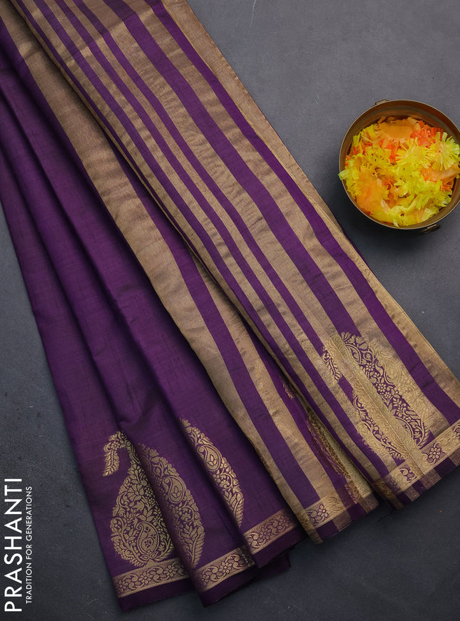 Semi raw silk saree violet with plain body and paisley design zari woven butta border