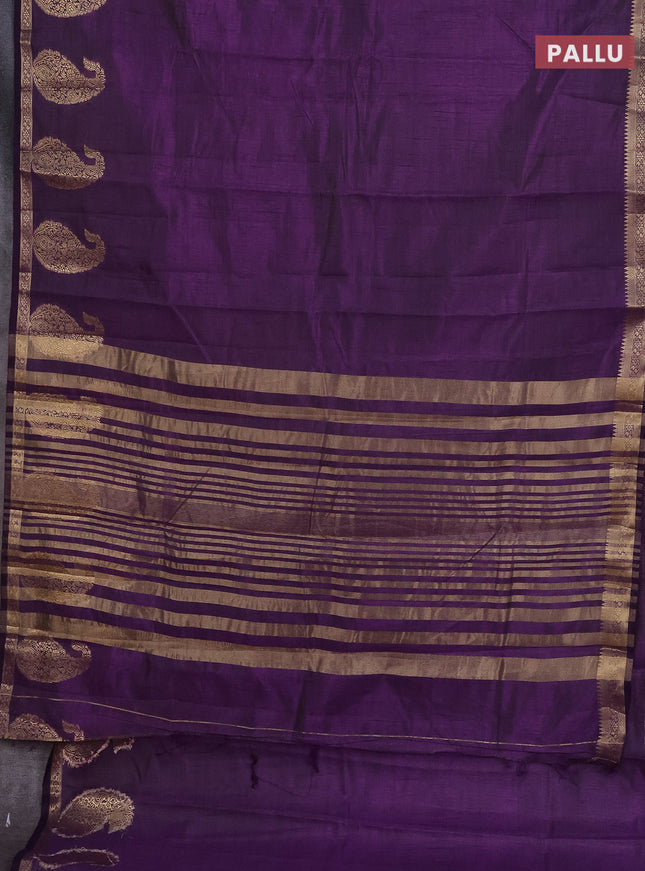 Semi raw silk saree violet with plain body and paisley design zari woven butta border
