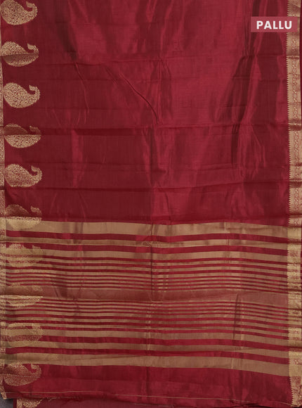 Semi raw silk saree maroon with plain body and paisley design zari woven butta border