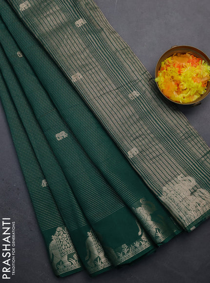 Semi raw silk saree green with zari weaves & elephant buttas and elephant design zari woven border