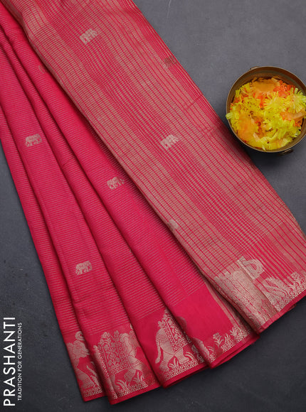 Semi raw silk saree pink with zari weaves & elephant buttas and elephant design zari woven border