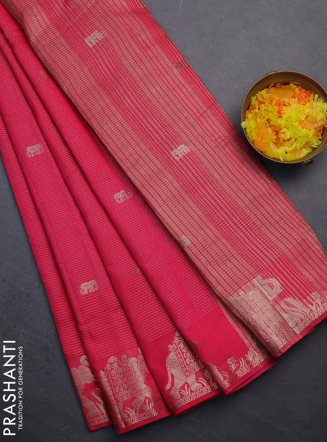 Semi raw silk saree pink with zari weaves & elephant buttas and elephant design zari woven border