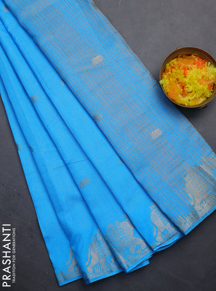 Semi raw silk saree cs blue with zari weaves & elephant buttas and elephant design zari woven border
