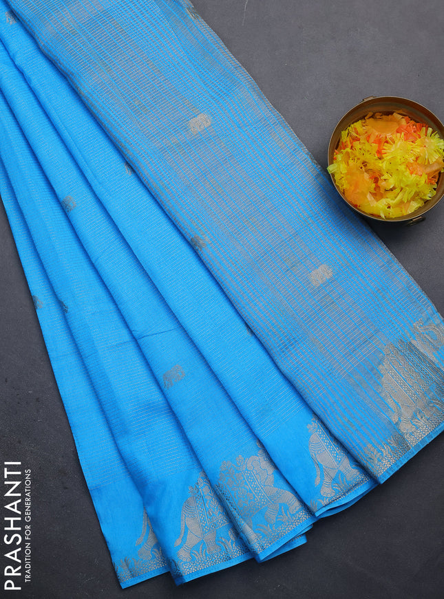 Semi raw silk saree cs blue with zari weaves & elephant buttas and elephant design zari woven border