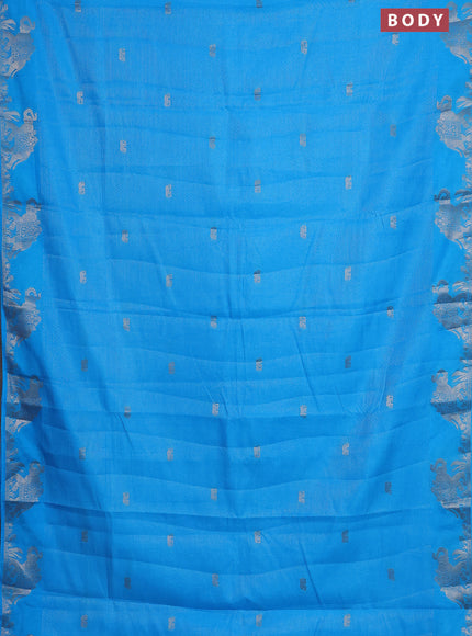 Semi raw silk saree cs blue with zari weaves & elephant buttas and elephant design zari woven border