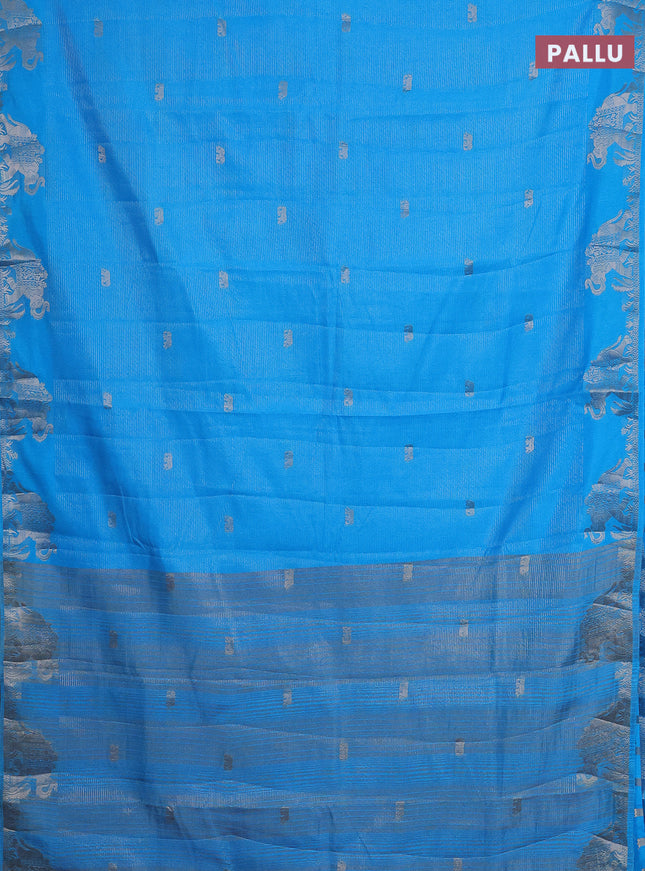 Semi raw silk saree cs blue with zari weaves & elephant buttas and elephant design zari woven border