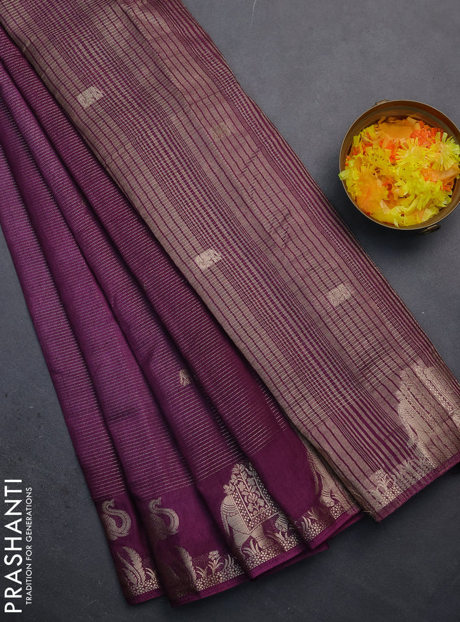 Semi raw silk saree purple with zari weaves & elephant buttas and elephant design zari woven border