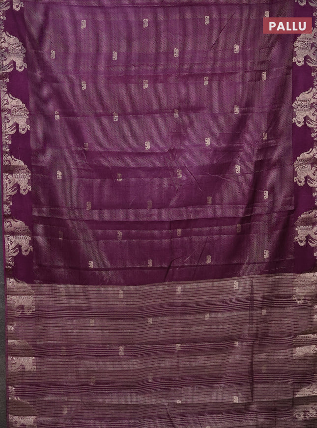 Semi raw silk saree purple with zari weaves & elephant buttas and elephant design zari woven border