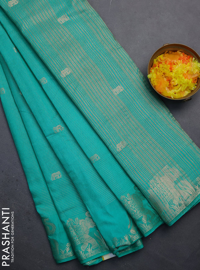Semi raw silk saree teal green with zari weaves & elephant buttas and elephant design zari woven border