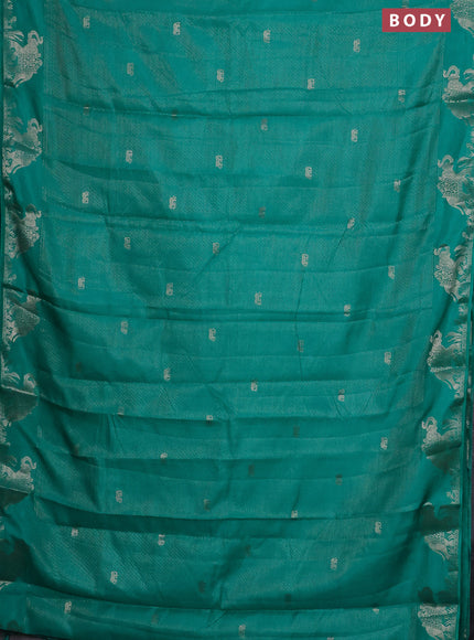 Semi raw silk saree teal green with zari weaves & elephant buttas and elephant design zari woven border