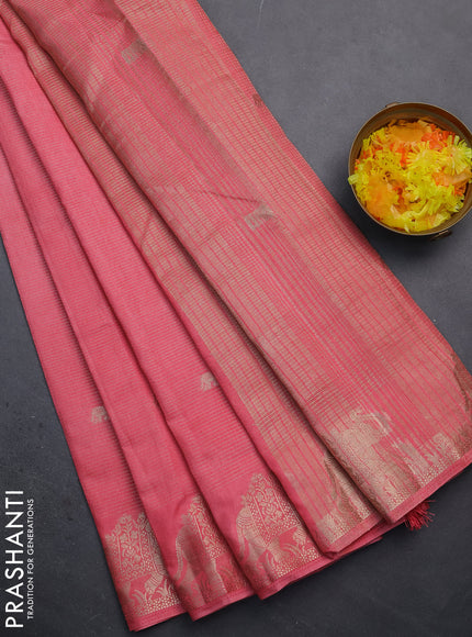 Semi raw silk saree peach pink with zari weaves & elephant buttas and elephant design zari woven border