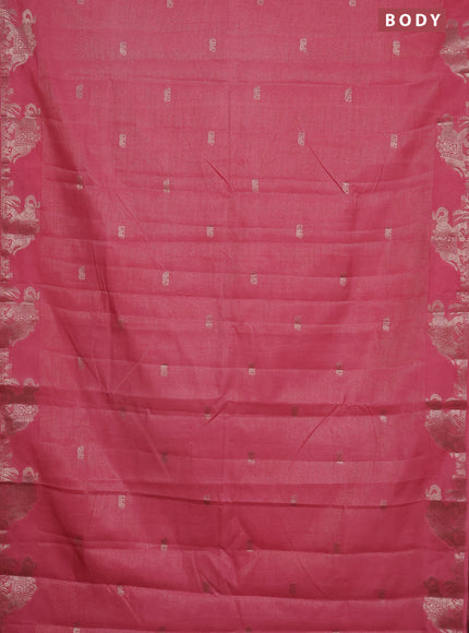 Semi raw silk saree peach pink with zari weaves & elephant buttas and elephant design zari woven border