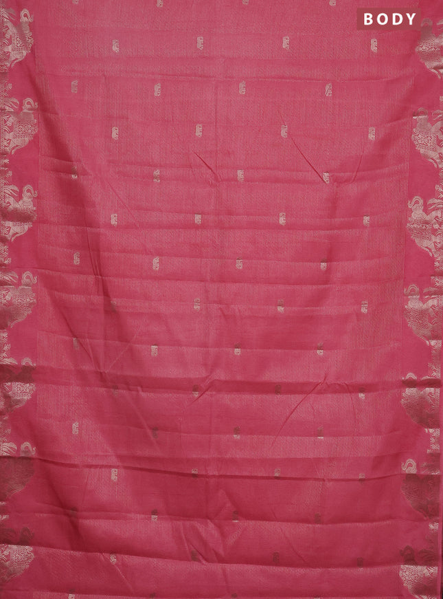 Semi raw silk saree peach pink with zari weaves & elephant buttas and elephant design zari woven border