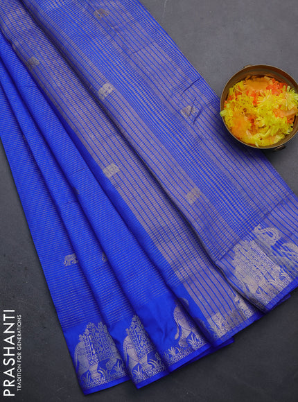 Semi raw silk saree royal blue with zari weaves & elephant buttas and elephant design zari woven border