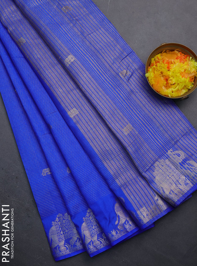 Semi raw silk saree royal blue with zari weaves & elephant buttas and elephant design zari woven border