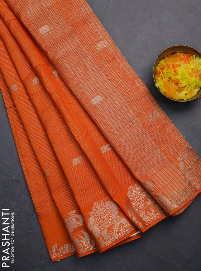 Semi raw silk saree orange with zari weaves & elephant buttas and elephant design zari woven border